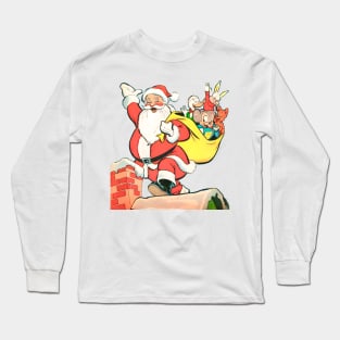 Santa Claus with his friends on the roof by the fireplace at Christmas Retro Vintage Comic Cartoon Long Sleeve T-Shirt